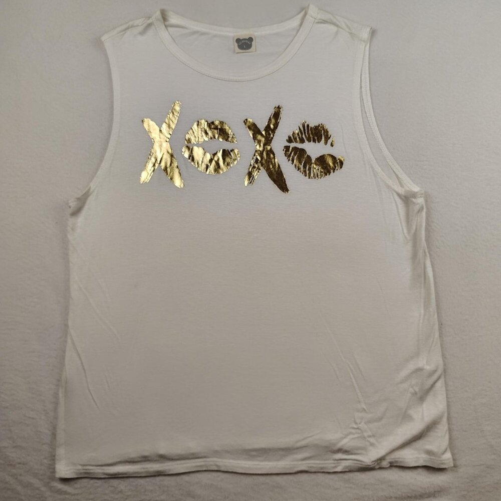 Color Bear XOXO Tank Top Womens sz L White Gold Kissy Lips